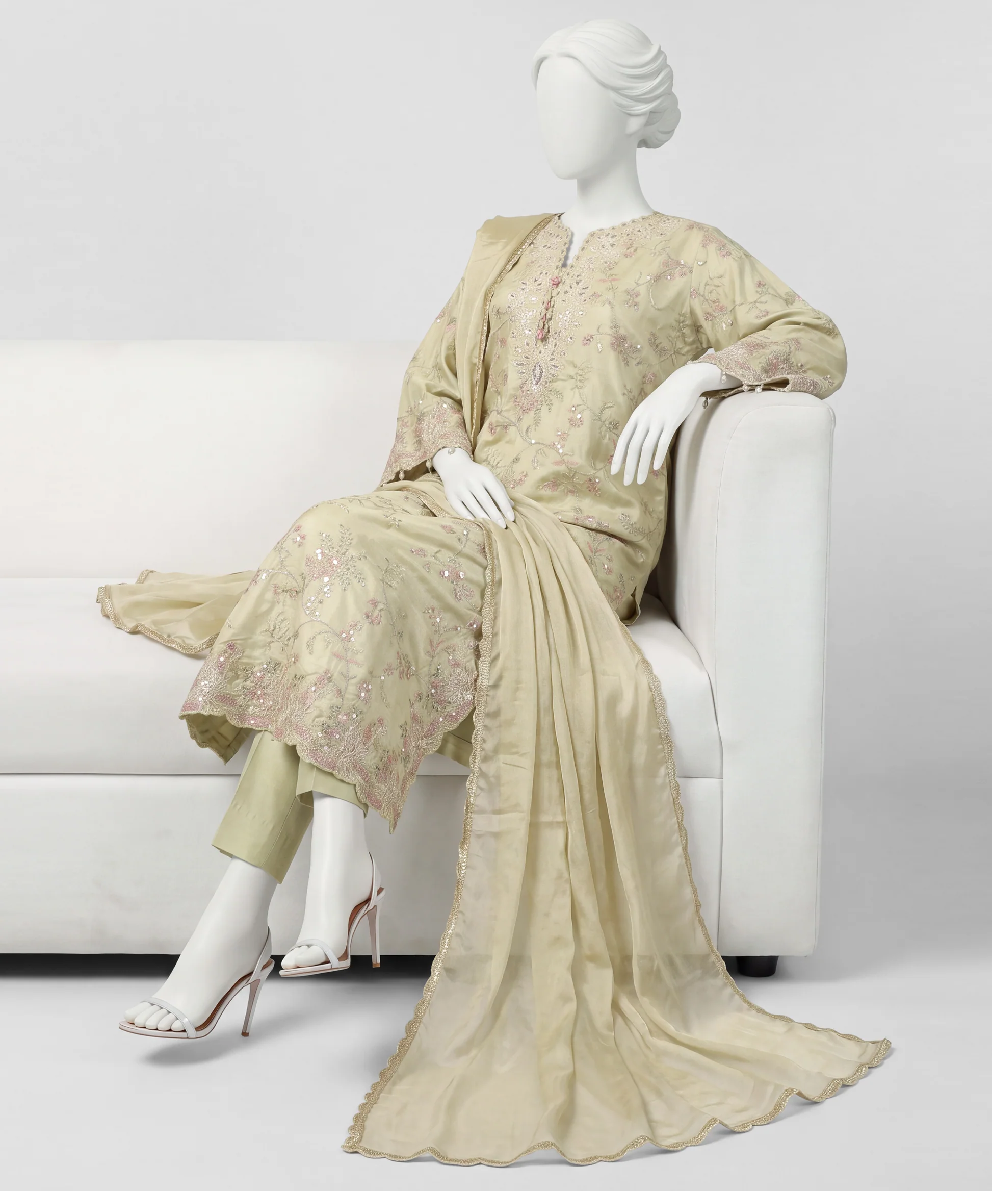 AP-lime green embroidered raw silk stitched 3pc