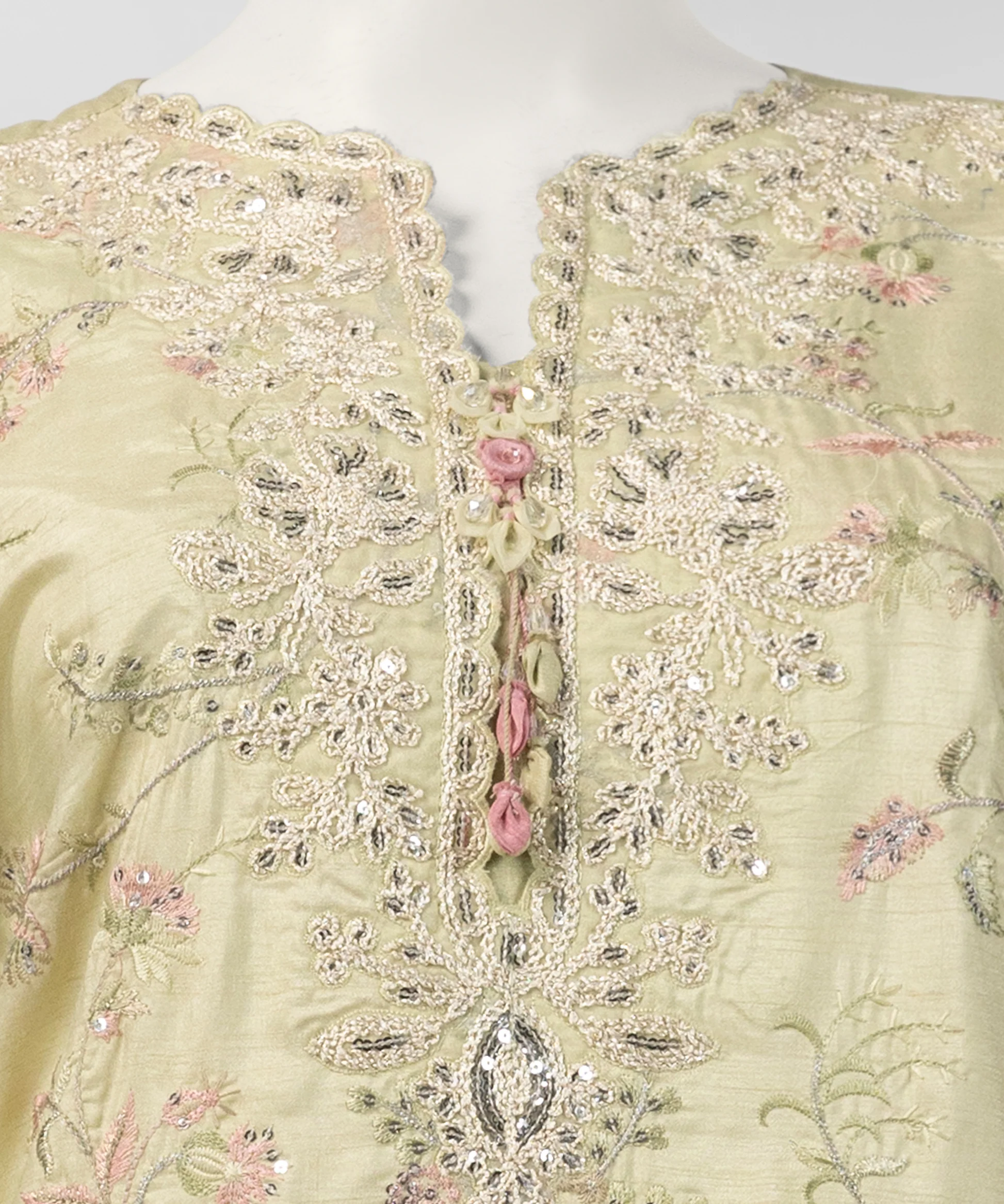 AP-lime green embroidered raw silk stitched 3pc