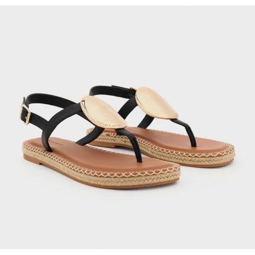 Metallic Oval Espadrille Sandals - Black
