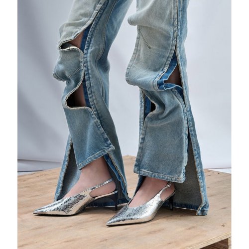  Metallic Crinkle-Effect Pointed-Toe High-Vamp Slingback Pumps - Silver 