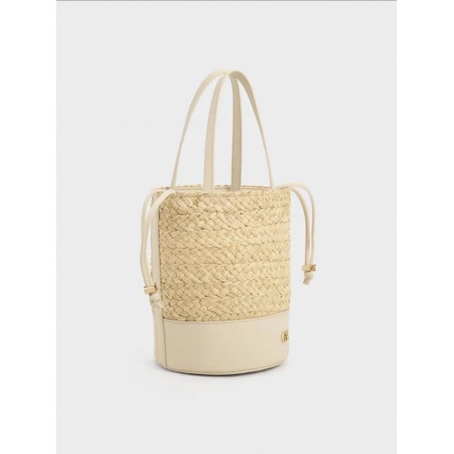 Leather & Raffia Bucket Bag - Beige 