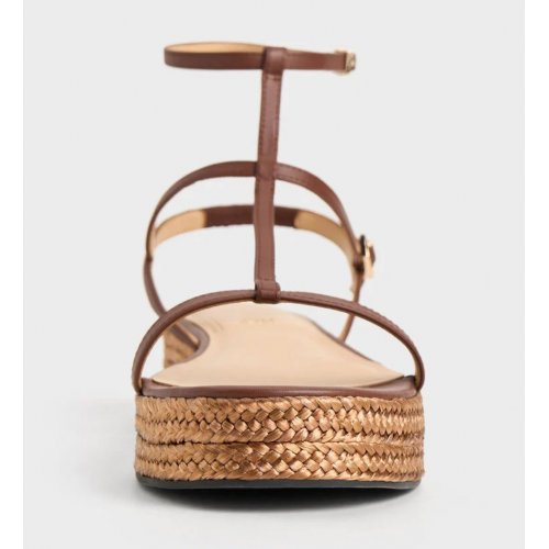 Leather T-Bar Espadrille Sandals - Brown