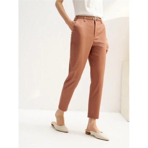 Stretchable Satin Cigarette Cropped Pants with Belt
