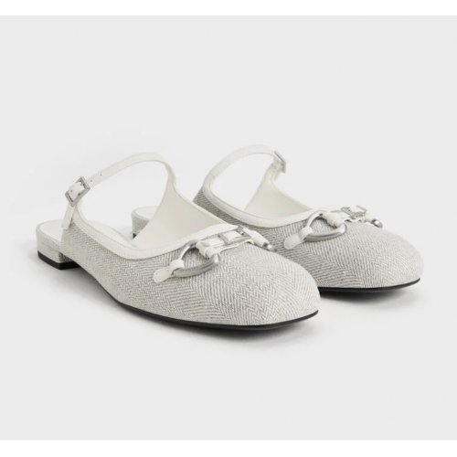 Woven Fabric Metallic-Accent Flat Mules - Light Grey