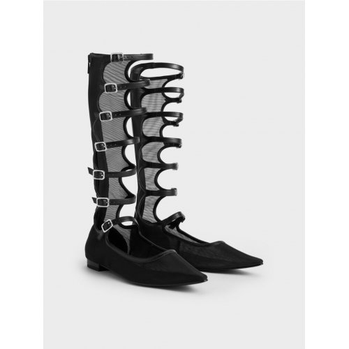  Lyric Mesh Gladiator Pointed-Toe Flats - Black Textured 