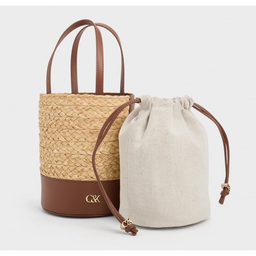  Leather & Raffia Bucket Bag - Brown 