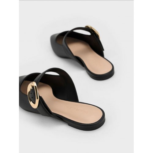  Buckle-Strap Flat Mules - Black 
