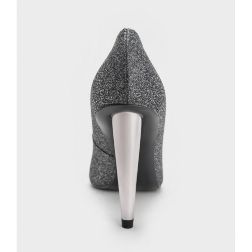 Glittered Cone-Heel Pointed-Toe Pumps - Black Textured