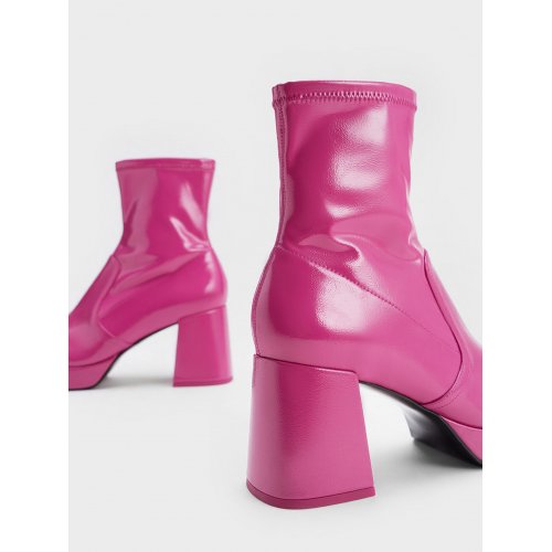  Patent Crinkle-Effect Block-Heel Boots - Fuchsia 