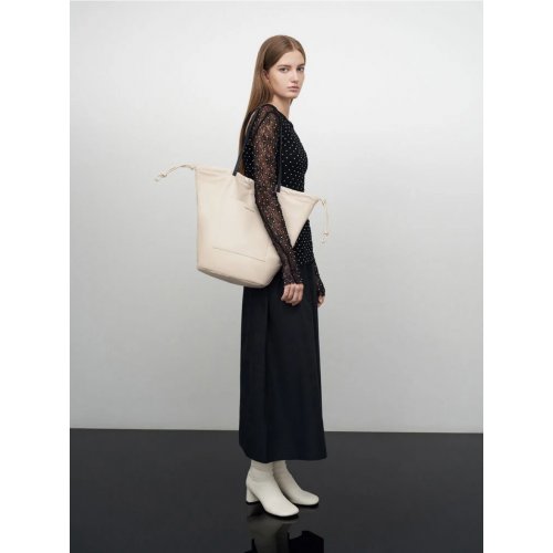  Sianna Linen Ruched Drawstring Tote Bag - Beige 