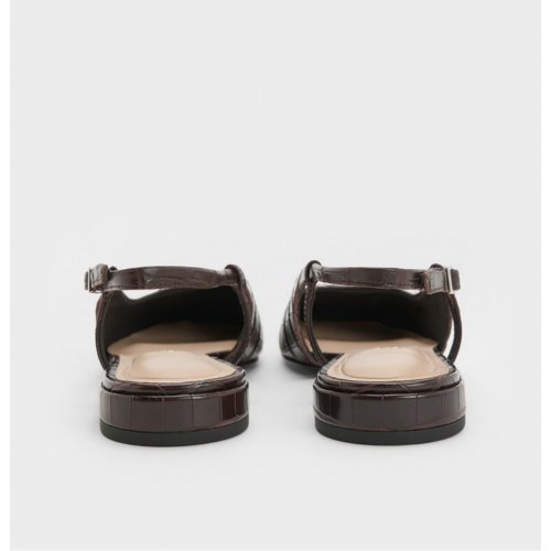  Croc-Effect Leather Metallic-Accent Slingback Flats - Dark Brown 