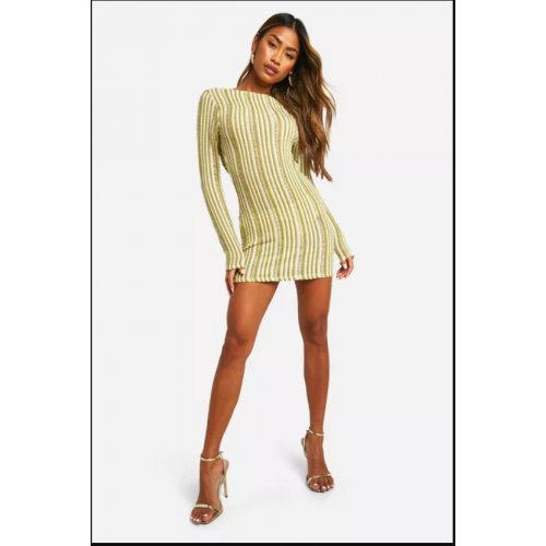  Cowl Back Stripe Sheer Knitted Mini Dress 