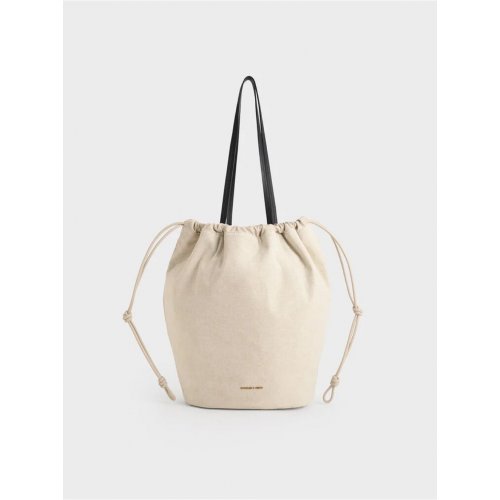  Sianna Linen Ruched Drawstring Tote Bag - Beige 