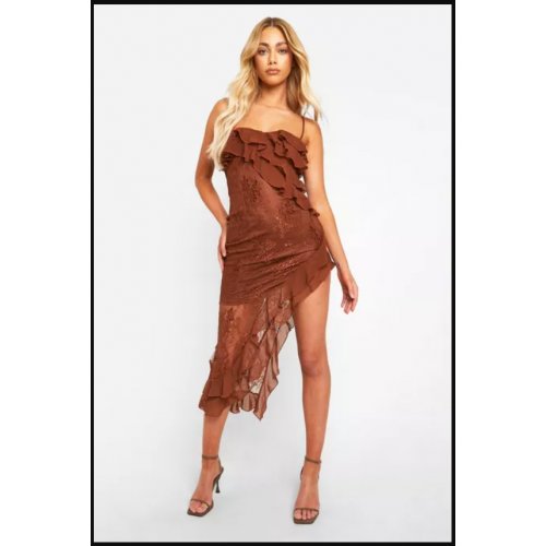 Lace Frill Asymmetric Midaxi Dress 