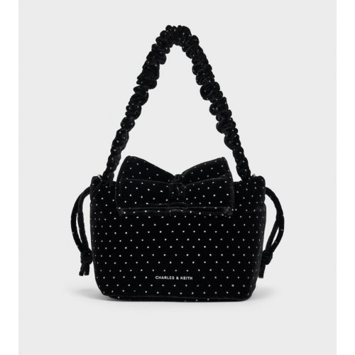 Velvet Dotted Bow Ruched Top Handle Bag - Black Textured