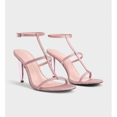  Glittered T-Bar Ankle-Strap Sandals - Pink 