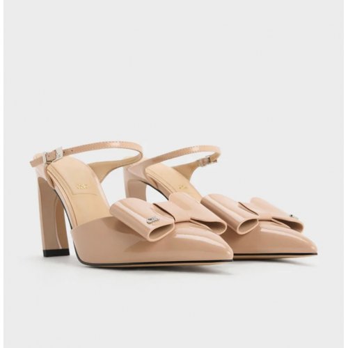 Lu Patent Leather Bow Blade-Heel Mules - Nude