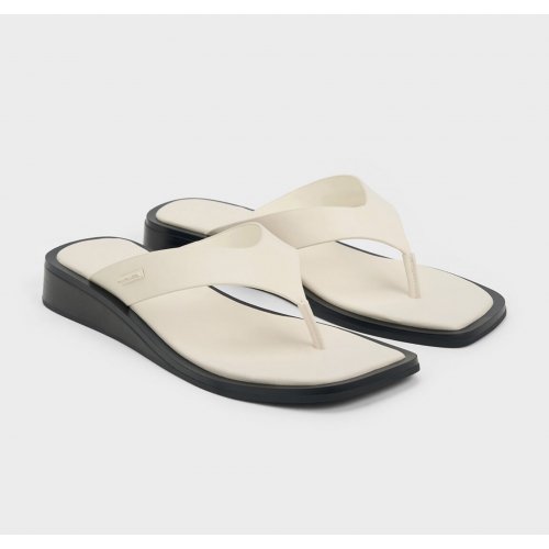 V-Strap Wedge Thong Sandals - Cream