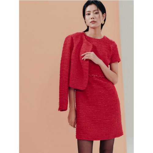 Red Tweed Fitted Round Neck Dress