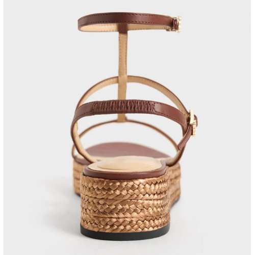 Leather T-Bar Espadrille Sandals - Brown