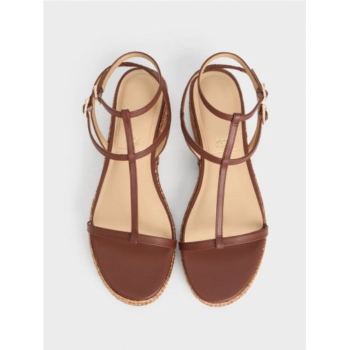 Leather T-Bar Espadrille Sandals - Brown