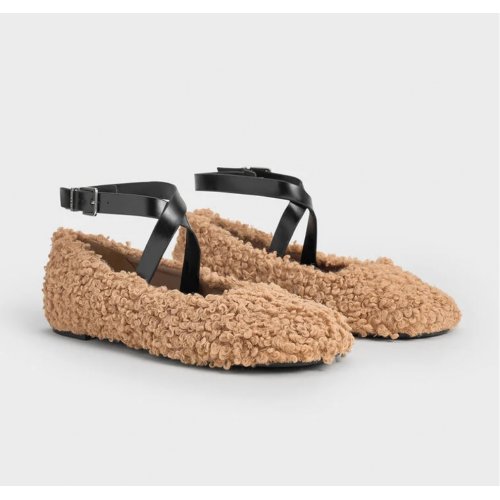  Margot Furry Crossover-Strap Ballet Flats - Camel 
