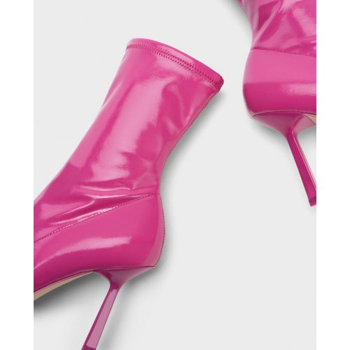  Patent Crinkle-Effect Pointed-Toe Stiletto Heel Ankle Boots - Fuchsia 