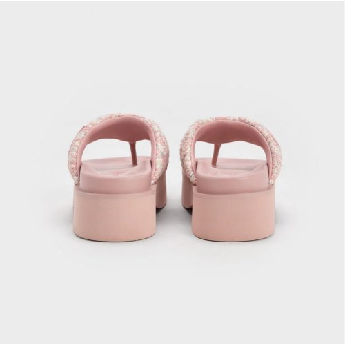 Tweed V-Strap Platform Thong Sandals - Light Pink