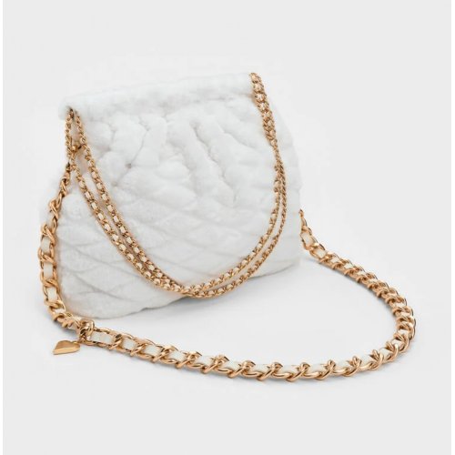  Duo Furry Chain-Handle Hobo Bag - White 