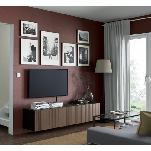 BESTÅ TV bench with doors, black-brown Björköviken/brown stained oak veneer