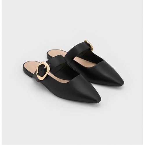  Buckle-Strap Flat Mules - Black 