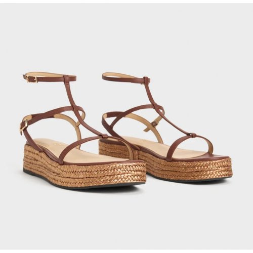 Leather T-Bar Espadrille Sandals - Brown