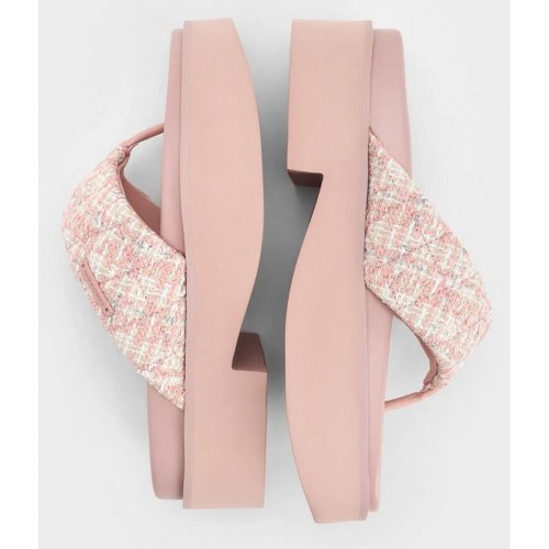 Tweed V-Strap Platform Thong Sandals - Light Pink