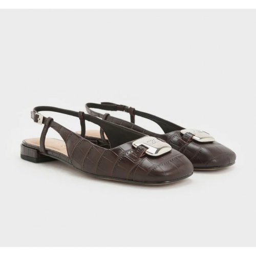  Croc-Effect Leather Metallic-Accent Slingback Flats - Dark Brown 