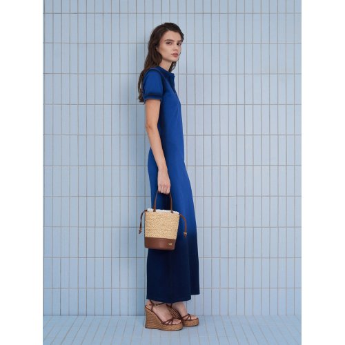  Leather & Raffia Bucket Bag - Brown 