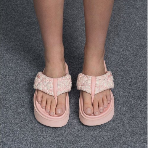  Tweed V-Strap Platform Thong Sandals - Light Pink 