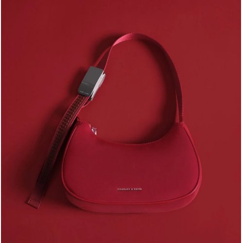 Nylon Curved Metallic-Accent Shoulder Bag - Red