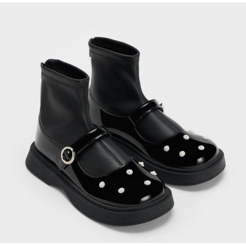  Girls' Patent Flower-Beaded Ankle Boots - Black Patent 