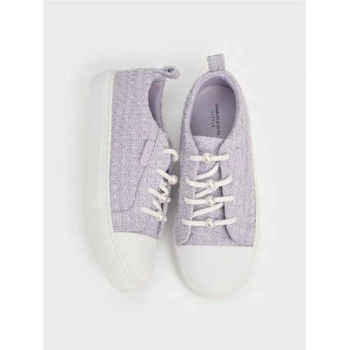  Girls' Tweed Pearl-Embellished Sneakers - Lilac 