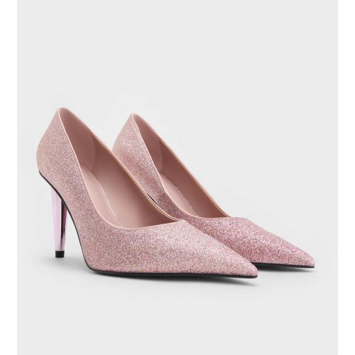 Glittered Cone-Heel Pointed-Toe Pumps - Pink 