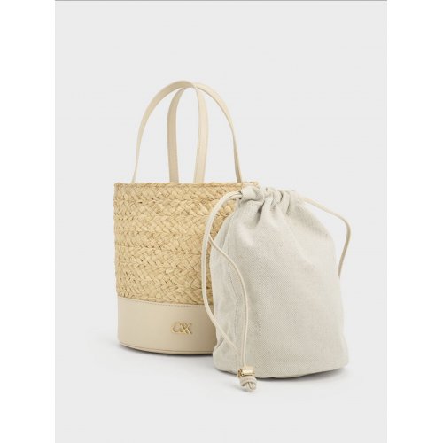 Leather & Raffia Bucket Bag - Beige 