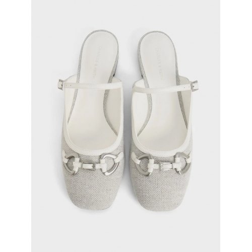 Woven Fabric Metallic-Accent Flat Mules - Light Grey