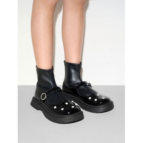  Girls' Patent Flower-Beaded Ankle Boots - Black Patent 