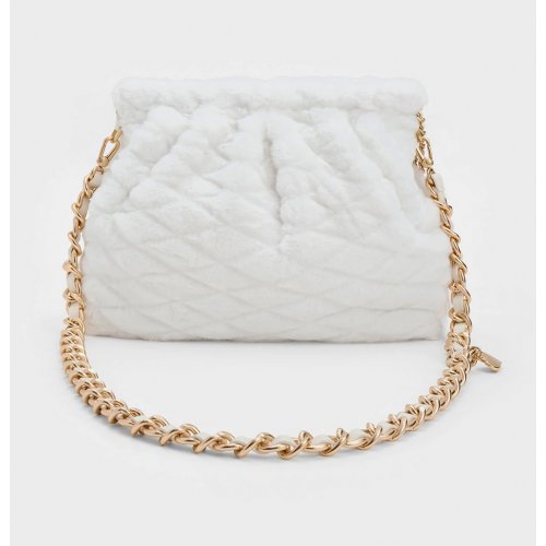  Duo Furry Chain-Handle Hobo Bag - White 