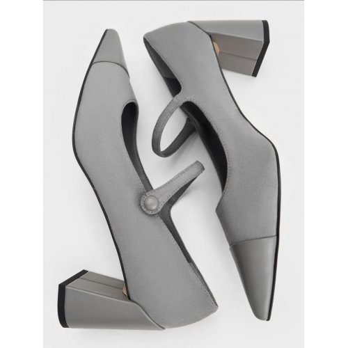  Faux Suede Cap-Toe Pointed Mary Jane Pumps - Grey 