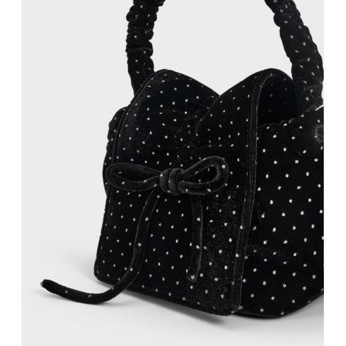 Velvet Dotted Bow Ruched Top Handle Bag - Black Textured