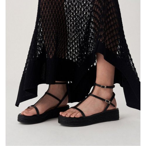 Leather T-Bar Espadrille Sandals - Black