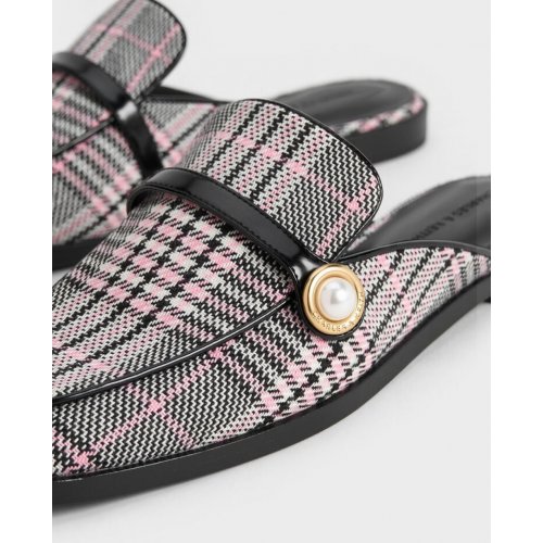 Plaid Pearl-Embellished Loafer Mules - Pink