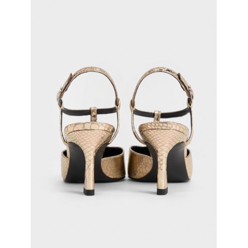  Metallic Snake-Effect T-Bar Chain-Link Pointed-Toe Pumps - Animal Print Gold 