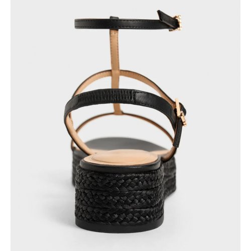 Leather T-Bar Espadrille Sandals - Black